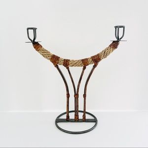 Vintage Ratan and Metal Large Candle Holder